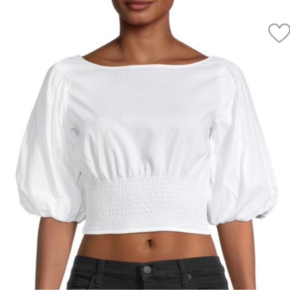 NWT BB DAKOTA SMOCKED PUFF-SLEEVE COTTON POPLIN TOP WHITE SMALL - Picture 2 of 6